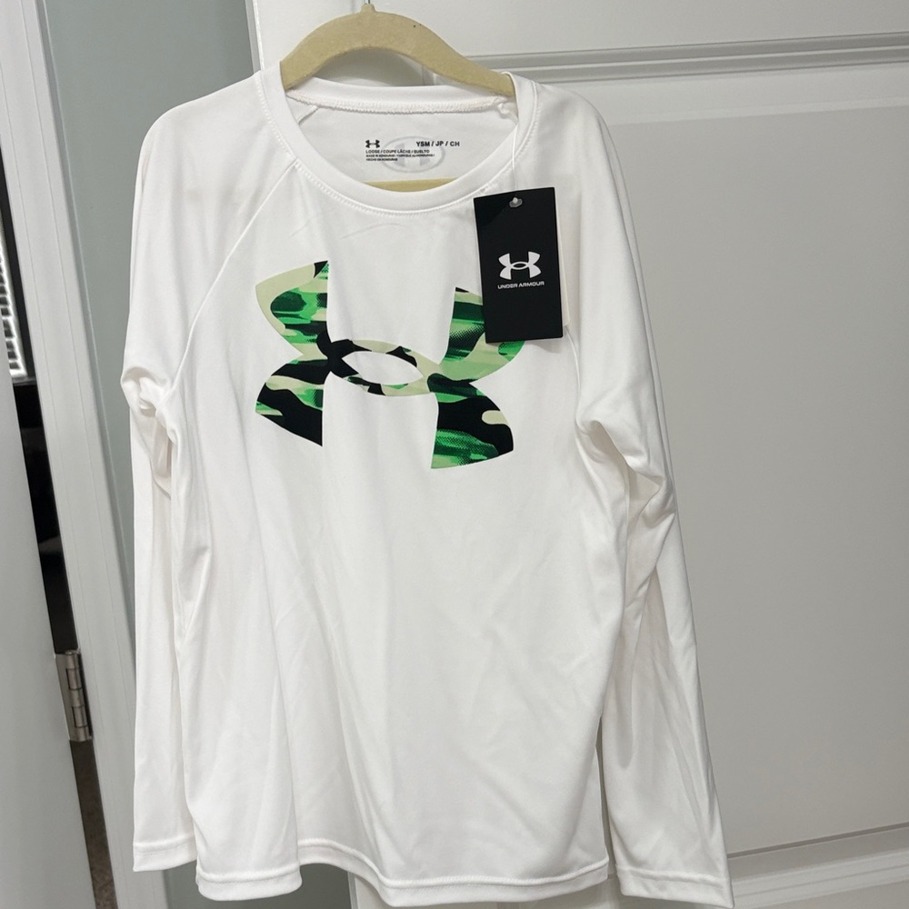 Under Armour White Shirt with Green Camo Logo